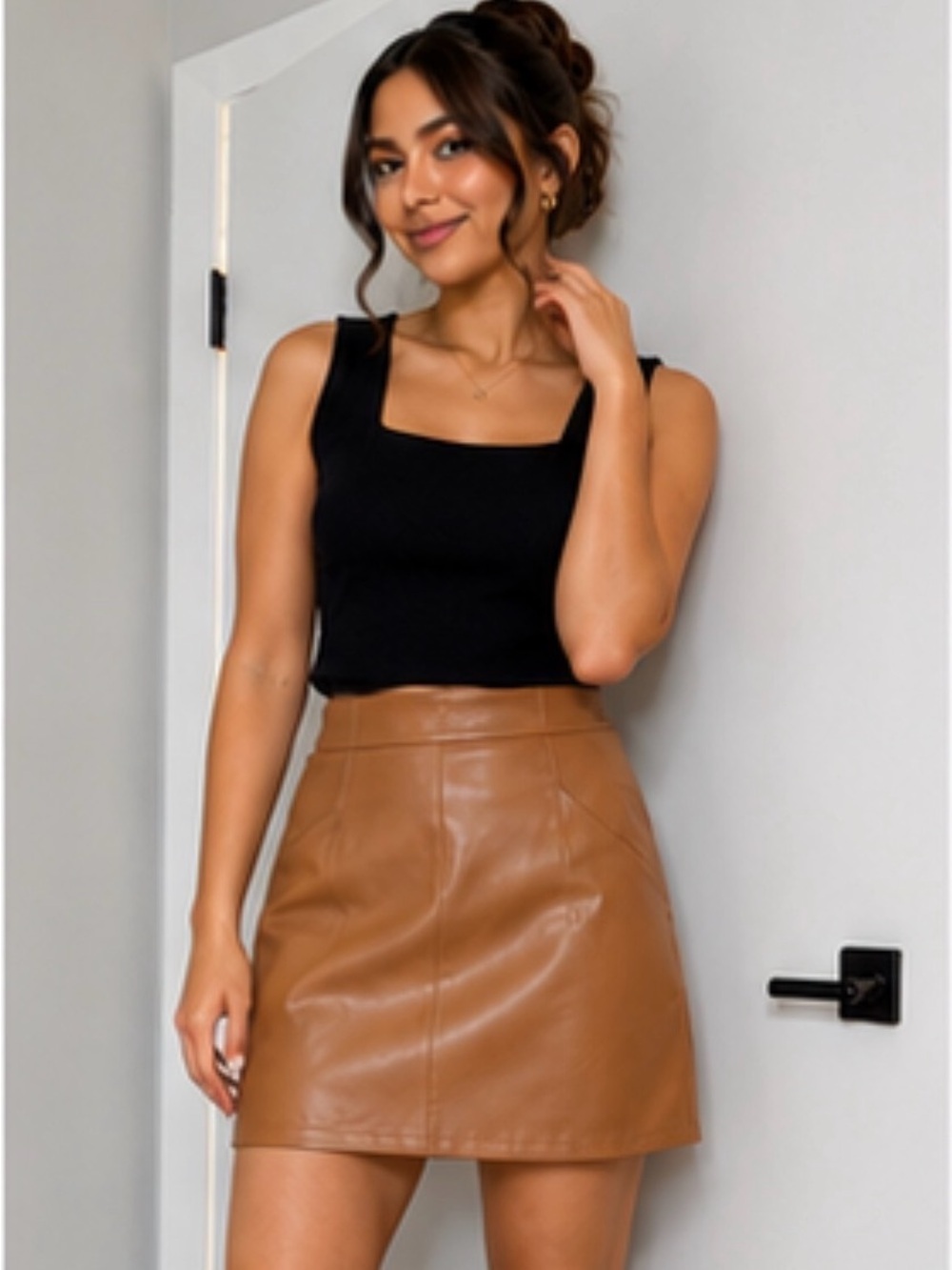 Shinestar Faux Leather Mini Skirt in Camel Brown